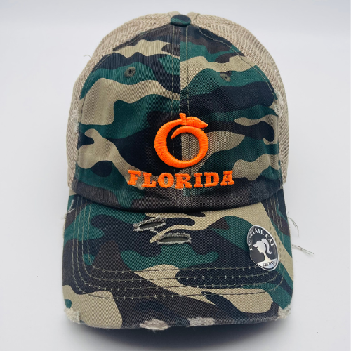 Ladies Ponytail Hat Camo/Khaki Neon Orange logo