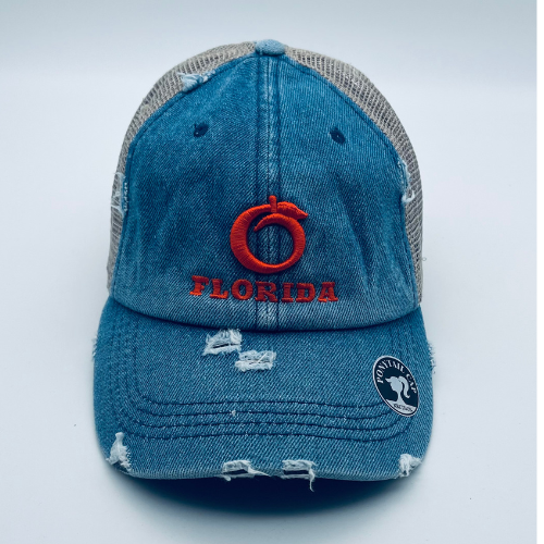 Ladies Ponytail Hat Jean/Khaki Orange logo